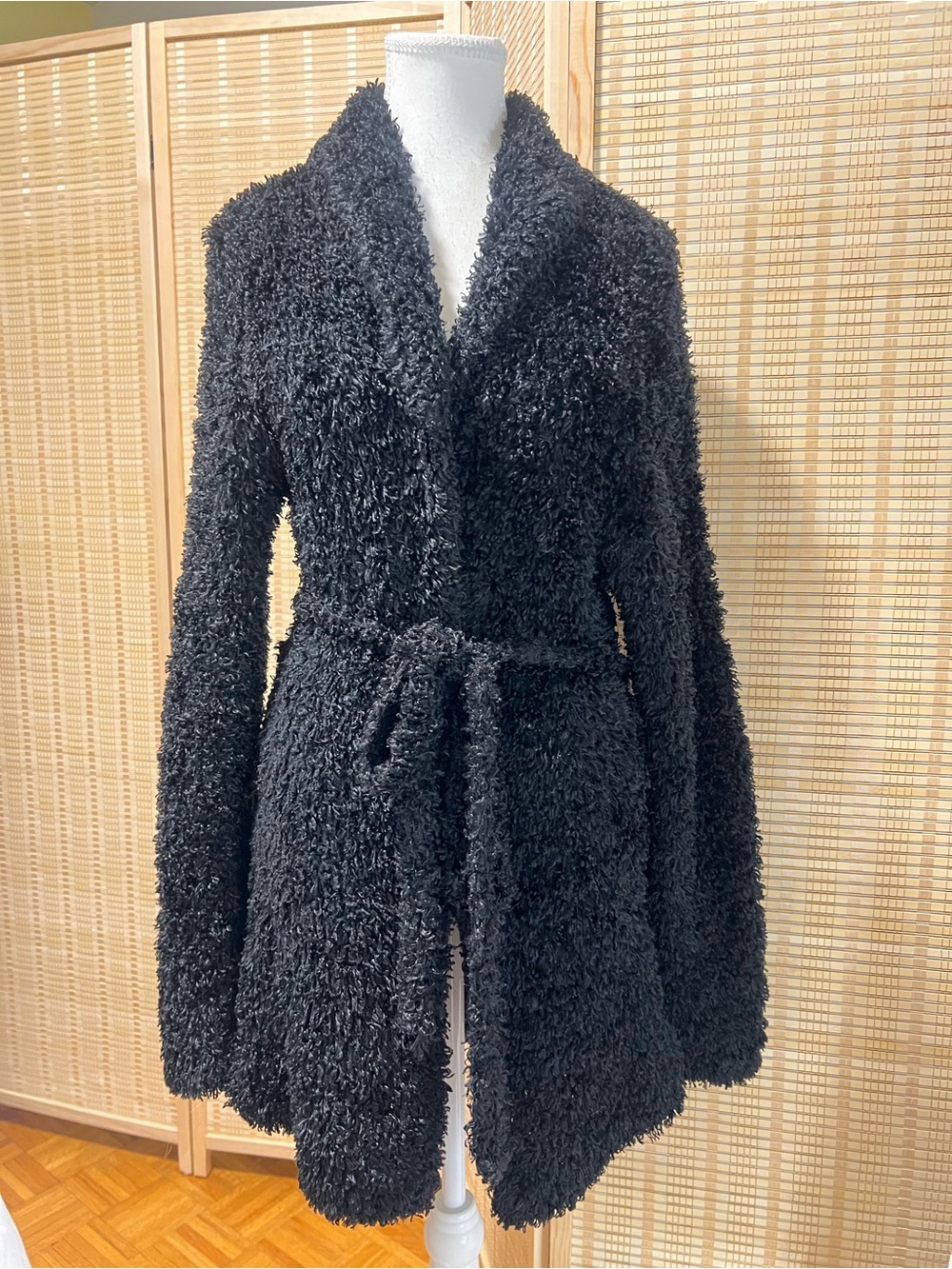 IRO Paris Black Teddy Jacket Belted Shaggy Faux Fur Size 36
